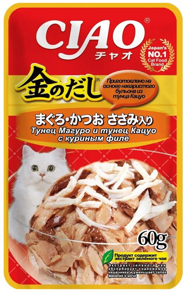 Влажный корм для кошек Inaba Kinnodashi с тунцом Кацуо и Магуро, с куриным филе, 60г