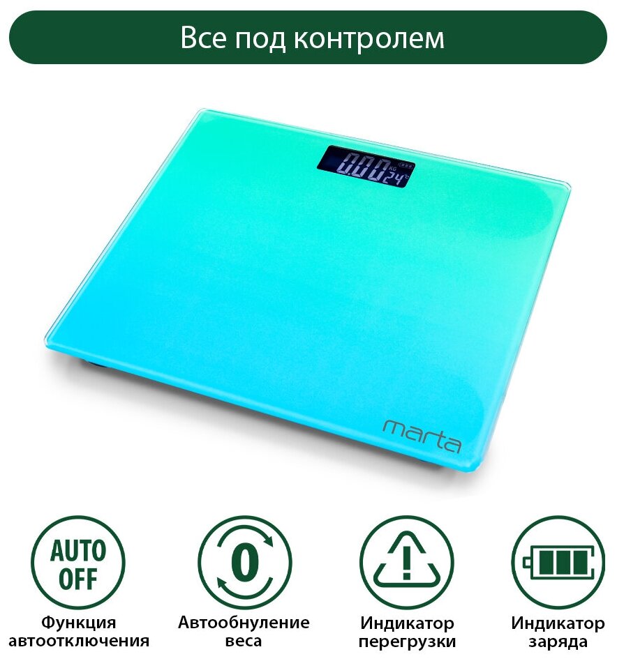 MARTA MT-SC1691 бирюзово-голубой LCD весы напольные диагностические, умные с Bluetooth - фотография № 8