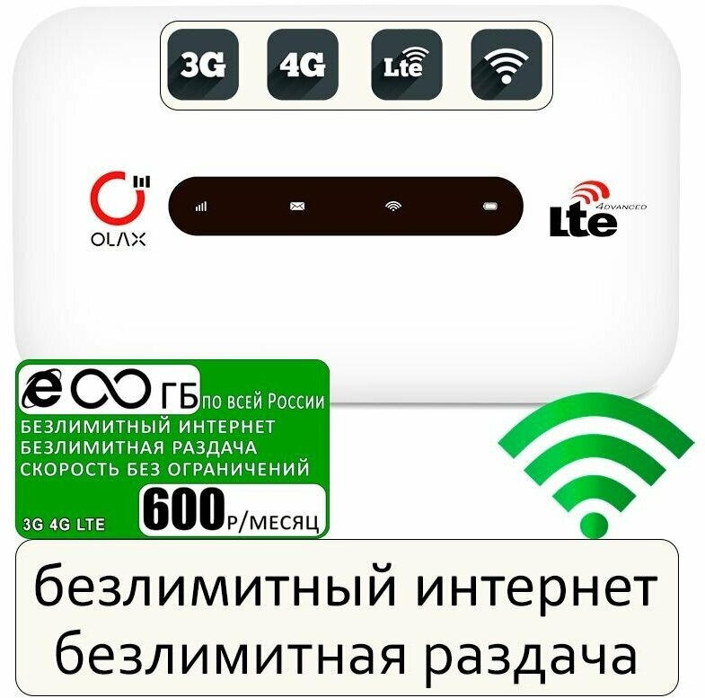 Комплект с безлимитным интернетом и раздачей за 600р/мес, роутер OLAX MT20 + сим карта