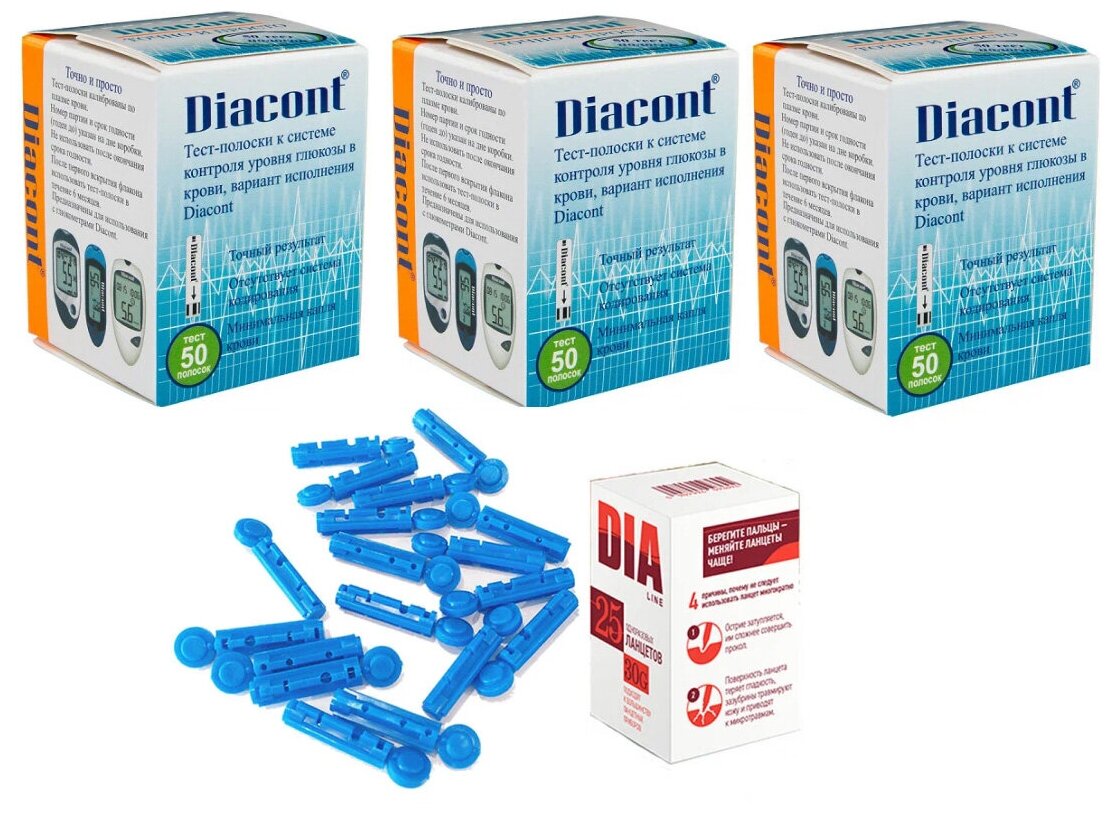 Тест-полоски к системе контроля уровня глюкозы в крови Diacont (Диаконт) №50 - 3 упаковки + универсальные ланцеты №25