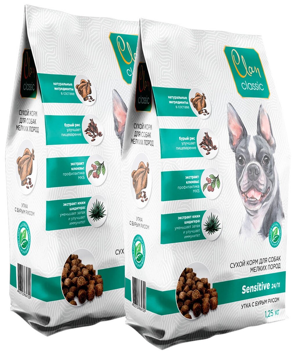 CLAN CLASSIC SENSITIVE 24/11 для взрослых собак маленьких пород с чувствительным пищеварением с уткой и бурым рисом (1,25 + 1,25 кг)
