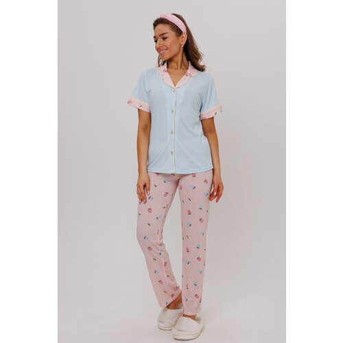 Пижама Modellini, рубашка, брюки, застежка пуговицы, короткий рукав, размер 50, голубой