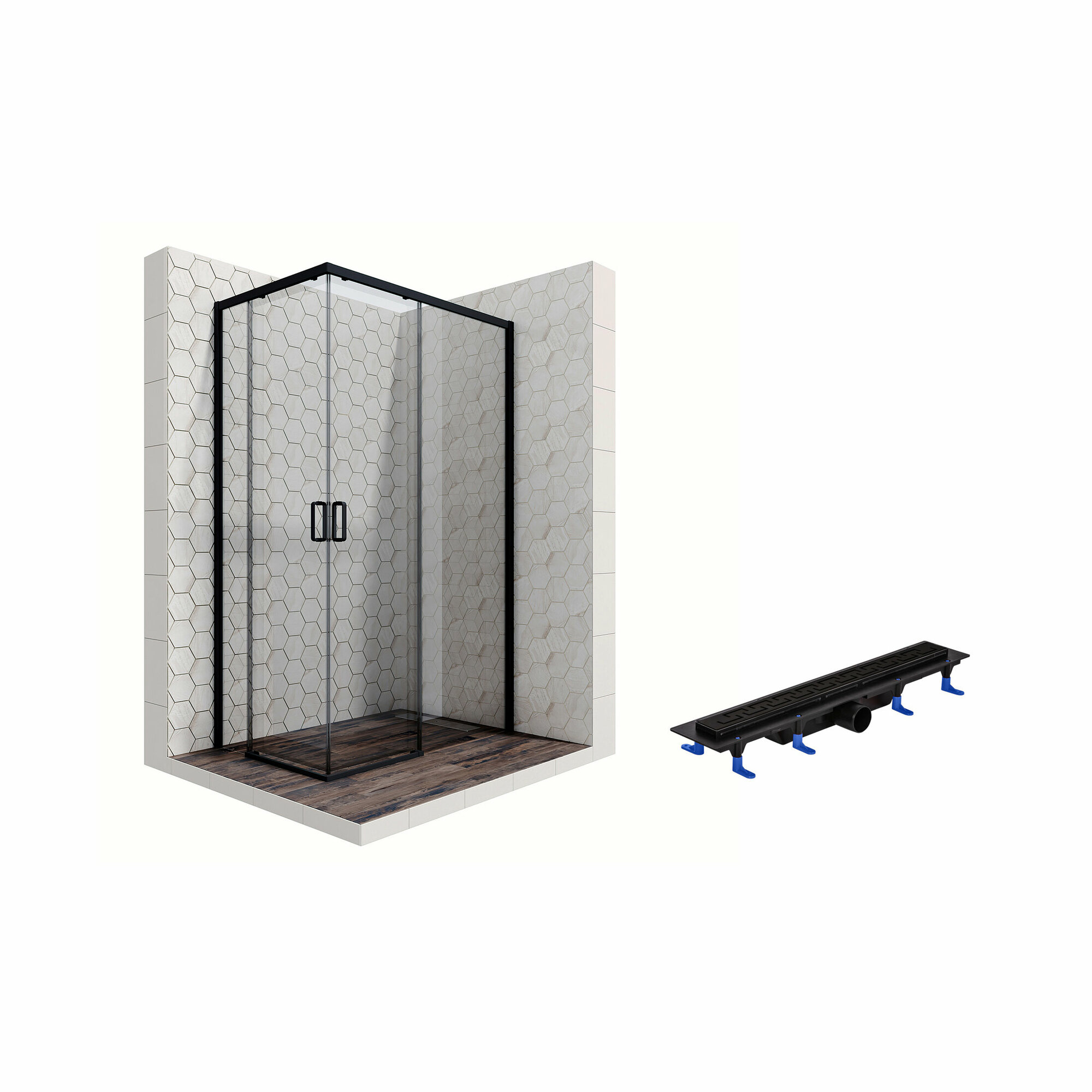 Душевой уголок 120х80 с трапом и раздвижными дверями Ambassador Queen Black 11011205R-ST5: правостороннее душевое ограждение 6 мм, профиль черный