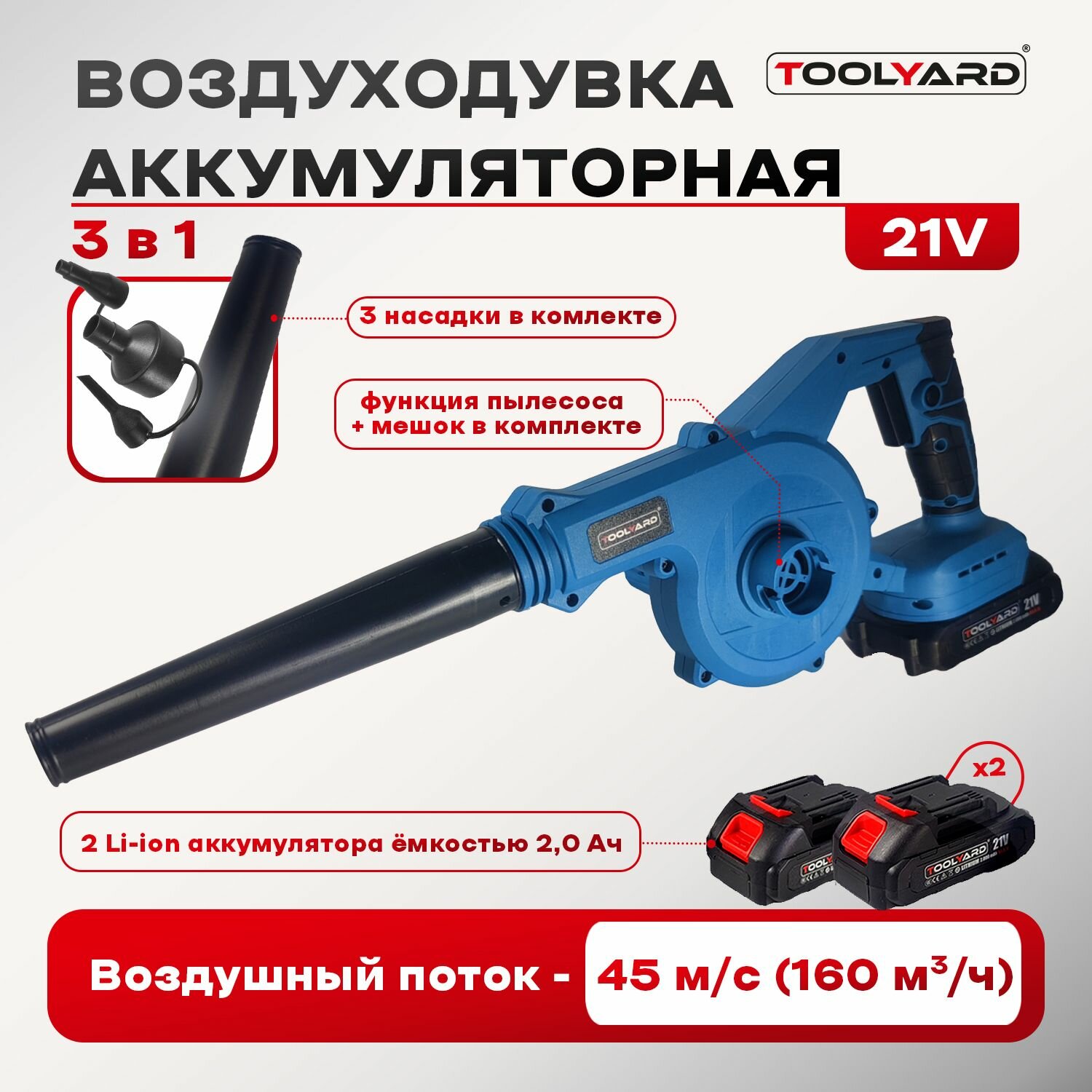 Воздуходувка аккумуляторная 2 в 1 обдув  пылесос 21 V TOOLYARD