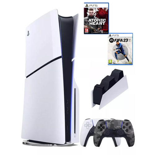 PS5 ПС5 Игровая приставка Sony PlayStation 5 Slim disk 2-й геймпад камуфляжный зарядное 2 игры Atomic Fifa 23 1000 Gb 7885600₽