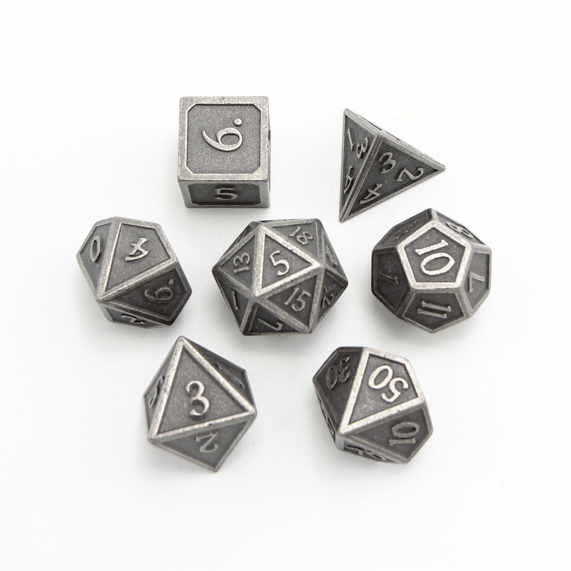 Набор металлических игральных костей (D4, D6, D8, D10-2, D12, D20) Stuff-pro (античный серебряный) — фото 1