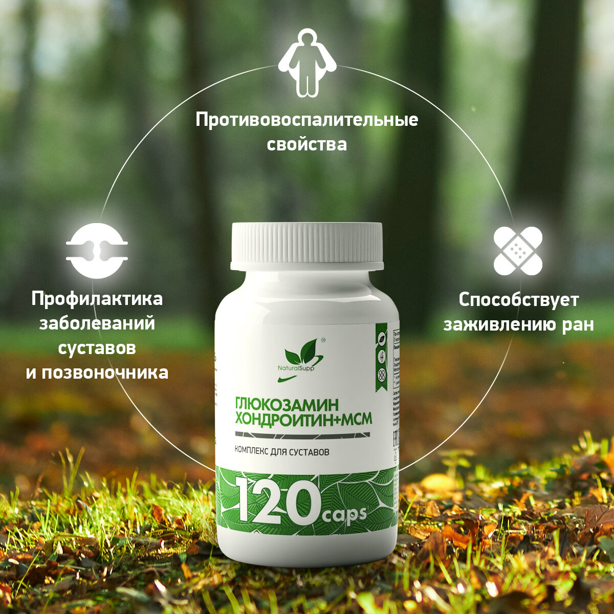 Изображение БАД Глюкозамин Хондроитин МСМ NaturalSupp Для связок, суставов, хрящей, кожи 120 капсул