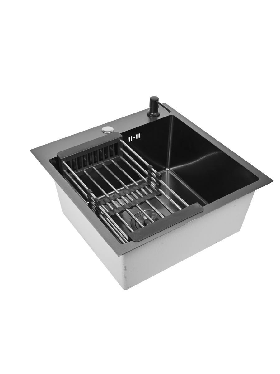 Мойка для кухни STEIN 50х50 из нержавеющей стали, рифленая структура, с сифоном ведерко, дозатором и коландером ST35050F — фото 1