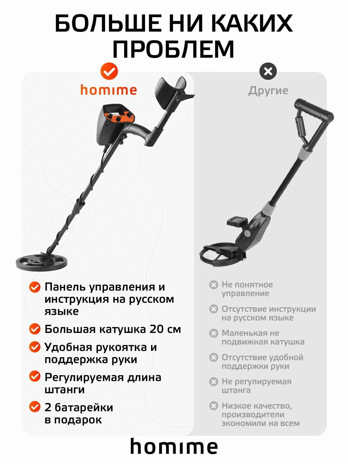 Металлоискатель Homime PRO, металлодетектор грунтовый MD, с функцией дискриминации — фото 1
