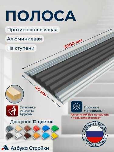 Изображение товара Полоса противоскользящая алюминиевая накладка на ступени Стандарт 40мм, 3м, черный