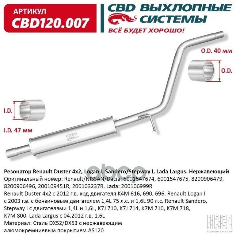 Резонатор Renault Duster 4X2, Logan I, Sandero/Stepway I, Lada Largus Нержавеющий Cbd120.007 CBD арт. CBD120.007