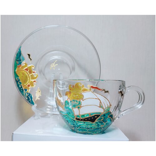 Кружка авторская, чашка с блюдцем с витражной росписью 