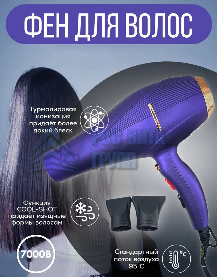 Профессиональный Фен для волос PRO/уход за волосами/для укладки и сушки волос/синий/насадка концентратор/с функцией ионизации/домашний/салонный