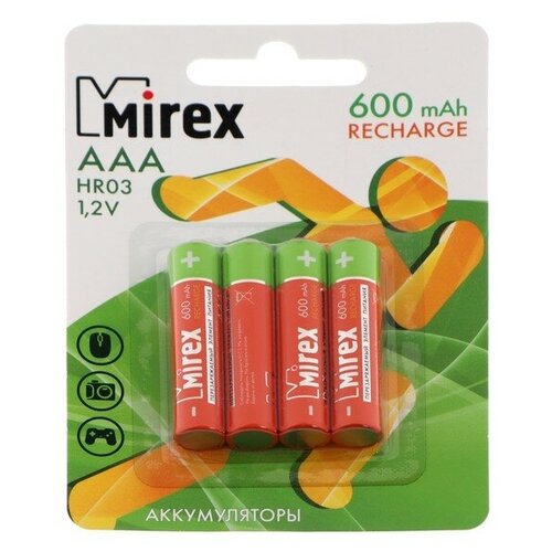 Аккумулятор Mireх, Ni-Mh, AAA, HR03-4BL, 1.2В, 600 мАч, блистер, 4 шт. аккумулятор mirex ni mh aaa hr03 2bl 1 2в 600 мач блистер 2 шт