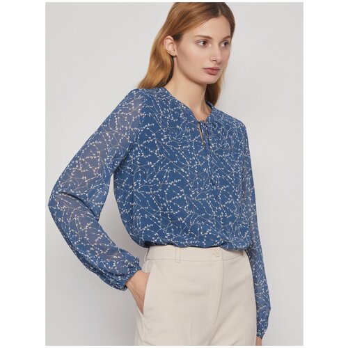 Блуза  Zolla, длинный рукав, подкладка, манжеты, флористический принт, размер S, синий
