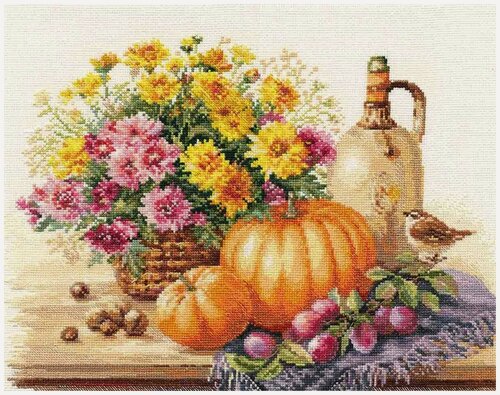 Изображение товара Набор для вышивки Алиса "Натюрморт с тыквой" 5-15, 38x28 см, Творческий набор с комплектом качественных цветных ниток мулине, хлопковой канвой, удобной иглой, схемой и подробной инструкцией