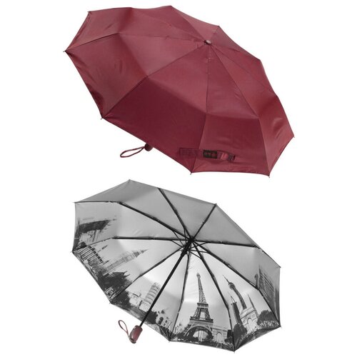 фото Зонт dolphin, автомат, 3 сложения, купол 100 см, 9 спиц, чехол в комплекте, для женщин, бордовый
