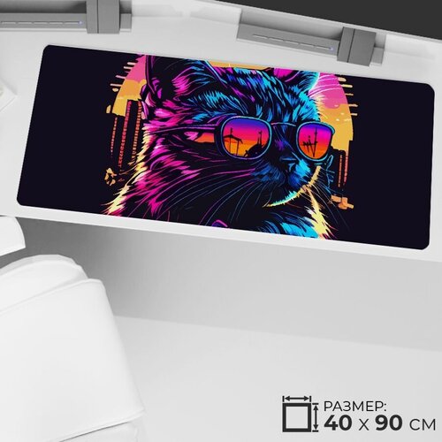 Коврик для мыши большой 90 х 40 см, антискользящий неон кот