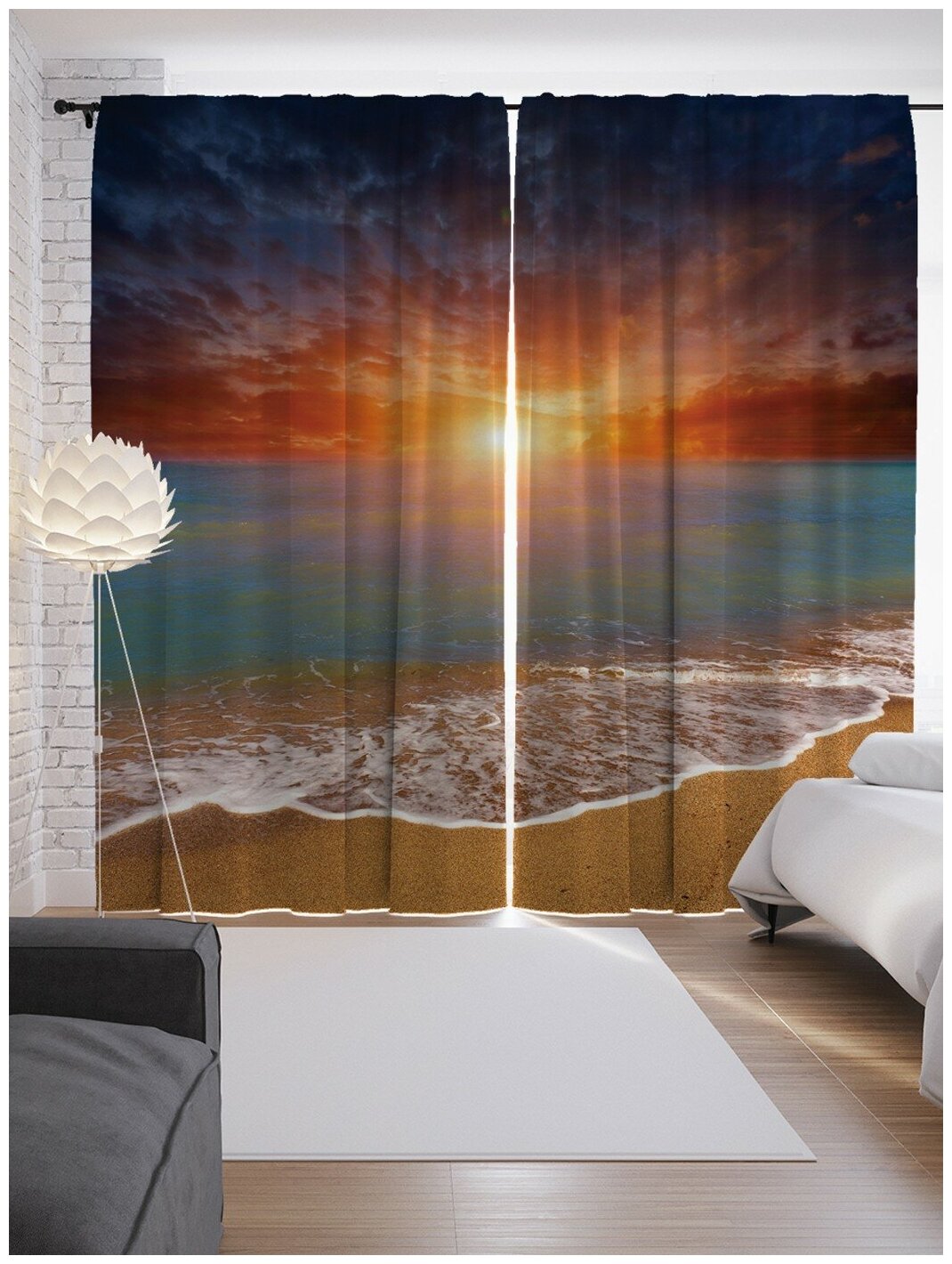 Шторы, фотошторы JoyArty "Пламенный морской закат" из ткани сатен, 2 полотна 145x265 см, шторная лента и крючки - фотография № 10