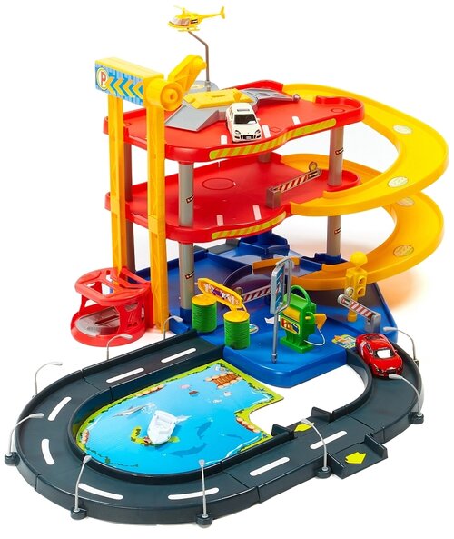 Bburago Паркинг 3-х уровневый Street Fire Parking Playset 1830025 с разводным мостом 18-30025, красный/серый/желтый/голубой