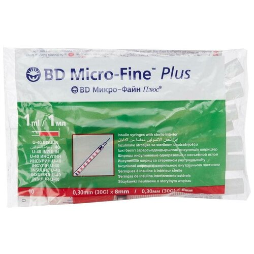 Шприц инсулиновый BD Micro-fine plus U-40 трехкомпонентный, 8 мм x 0.3 мм, размер: 30G, 1 мл, 10 шт.