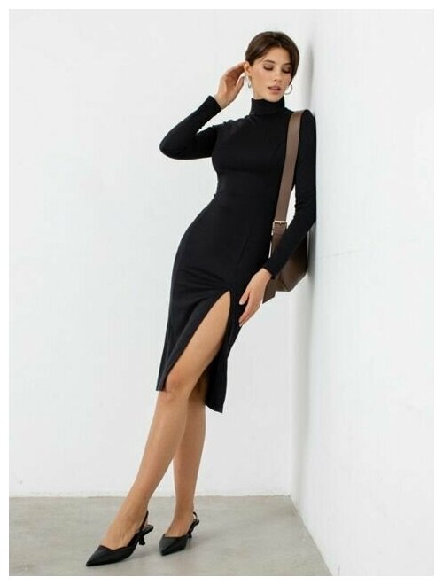 Платье-водолазка VIAVILLE, вискоза, в классическом стиле, прилегающее, миди, размер 44, черный