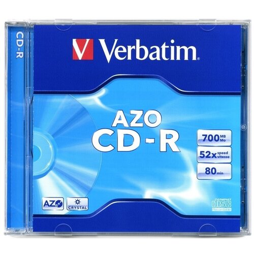 Диск CD-R Verbatim 700Mb 52x, 1 шт, AZO Crystal, Jewel Case (43326) диск cd r ridata 700mb 52x printable bulk упаковка 200 шт