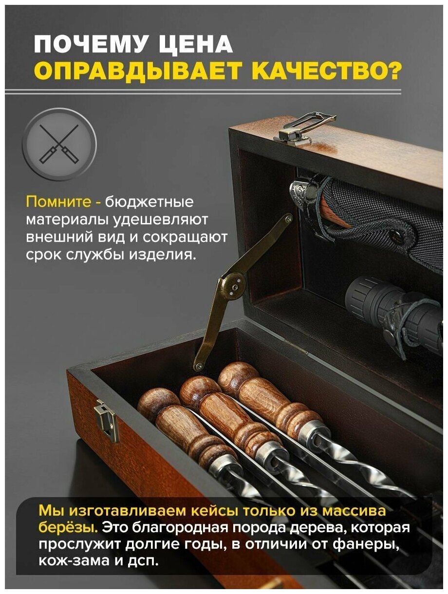 Подарочный набор шампуров с деревянной ручкой #07 Шашлычный набор для мужчины в кейсе чемодане для пикника барбекю гриля мангала