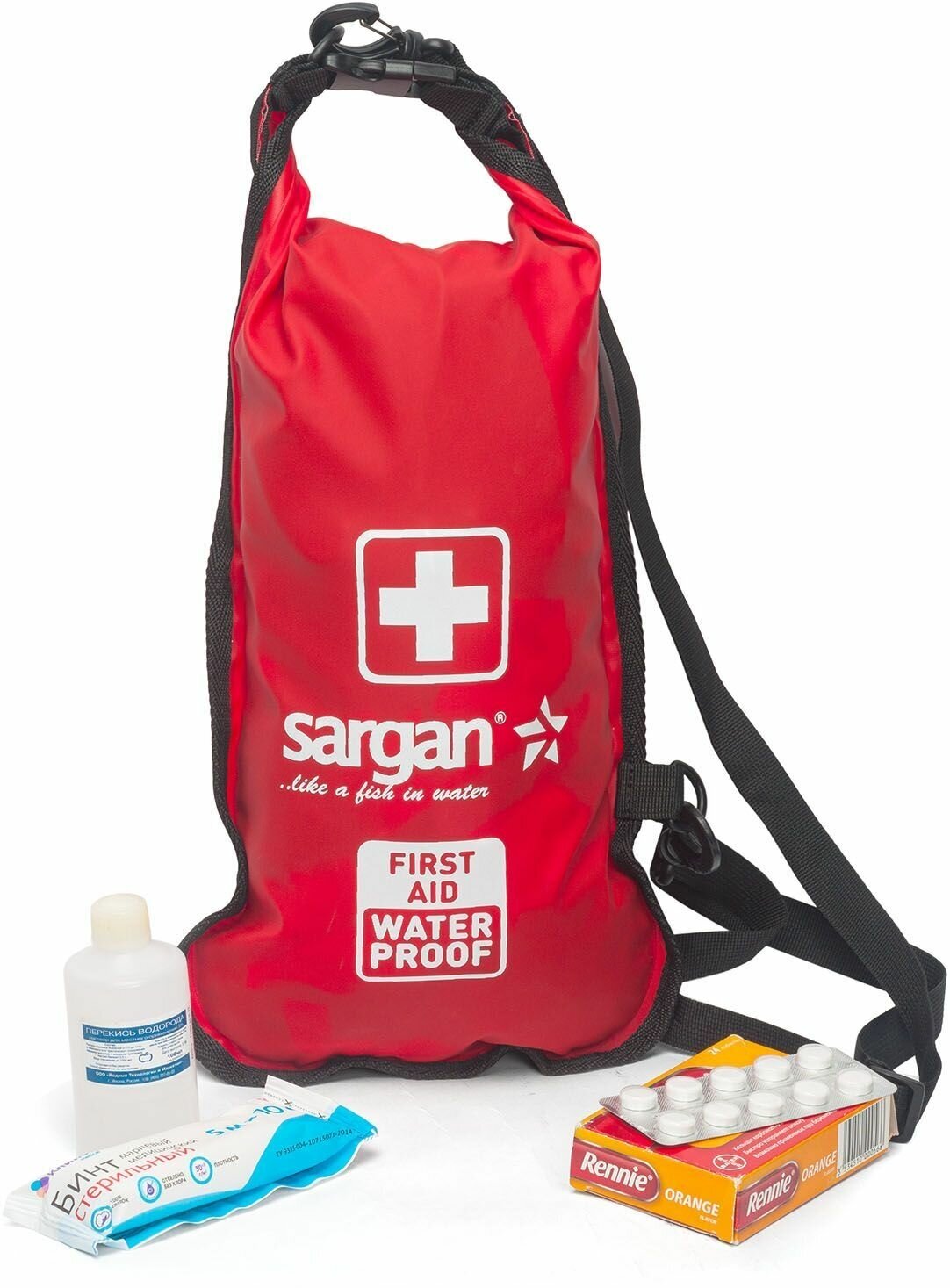 Аптечка на лямке через плечо влагозащитная SARGAN санитар плоский, 5 литров, гермомешок/гермосумка, красный ПВХ (Лекарства в комплект не входят)