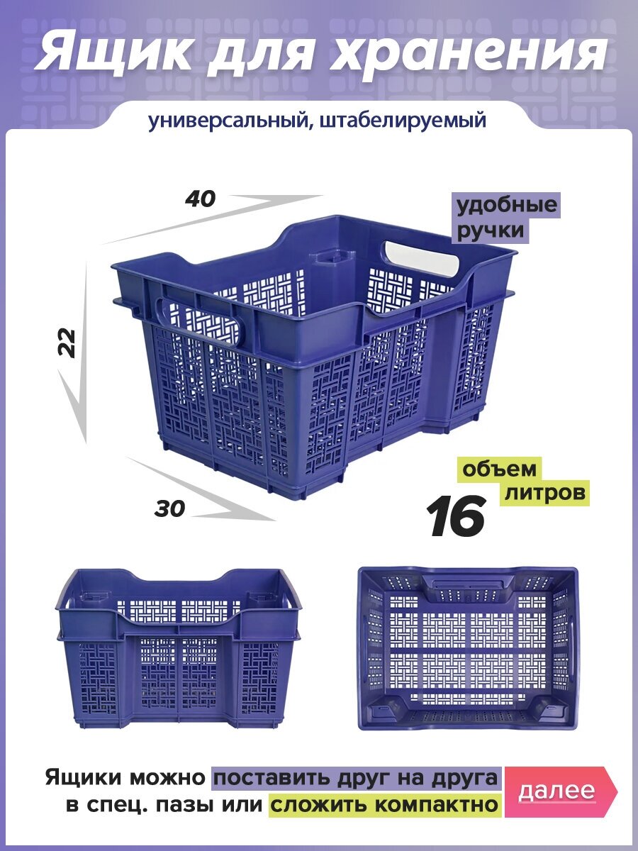 Ящик для хранения пластиковый универсальный 16л, цвет синий / хозяйственный контейнер для овощей и фруктов