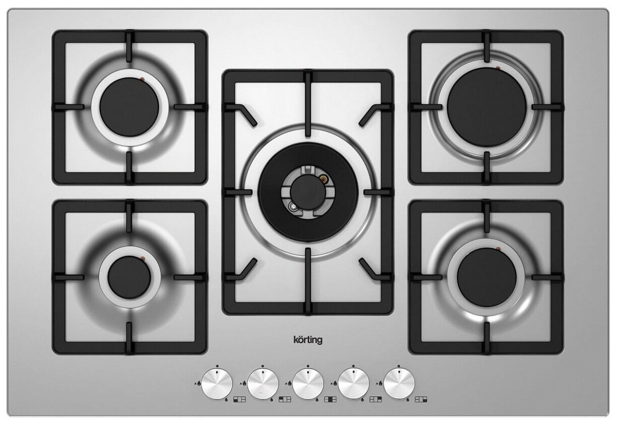 Встраиваемые газовые панели Korting/ Газ, Crystal, Газовая варочная панель 75 см, 5 высокоэффективных конфорок, WOK- сверхмощная конфорка с тройным рядом пламени, автоматический электроподжиг, газ-контроль каждой конфорки, передние металлические переключа