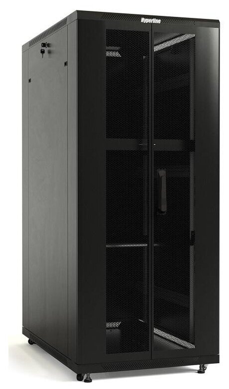 Шкаф напольный 19-дюймовый 42U 2055x800х1000мм передняя и задняя распашные перфорированные двери (75%) ручка с замком крыша нового типа цвет черный (RAL 9004) (разобранный) (TTB-4281-DD-RAL9004) HYPERLINE 392684 (1 упак)