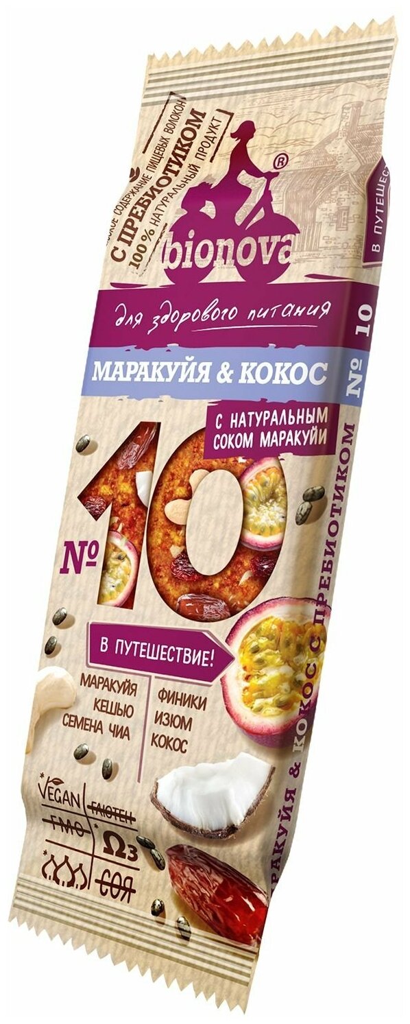 BIONOVA N10 Батончик Фруктово-Ореховый с Маракуйей и Кокосом 35 гр