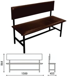 Банкетка со спинкой "Берта" 1500х455х864 мм, усиленная, черный каркас, кожзам коричневый