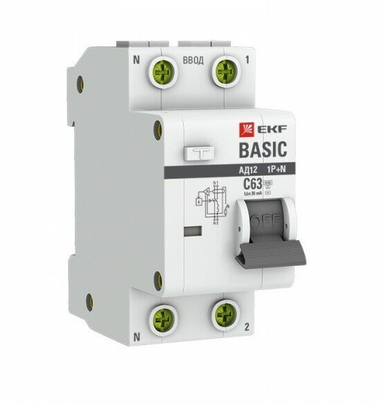 Выключатель автоматический дифференциальный АД-12 1п+N 16А C 30мА тип АС Basic (электронный) | код. DA12-16-30-bas | EKF ( 1шт. )