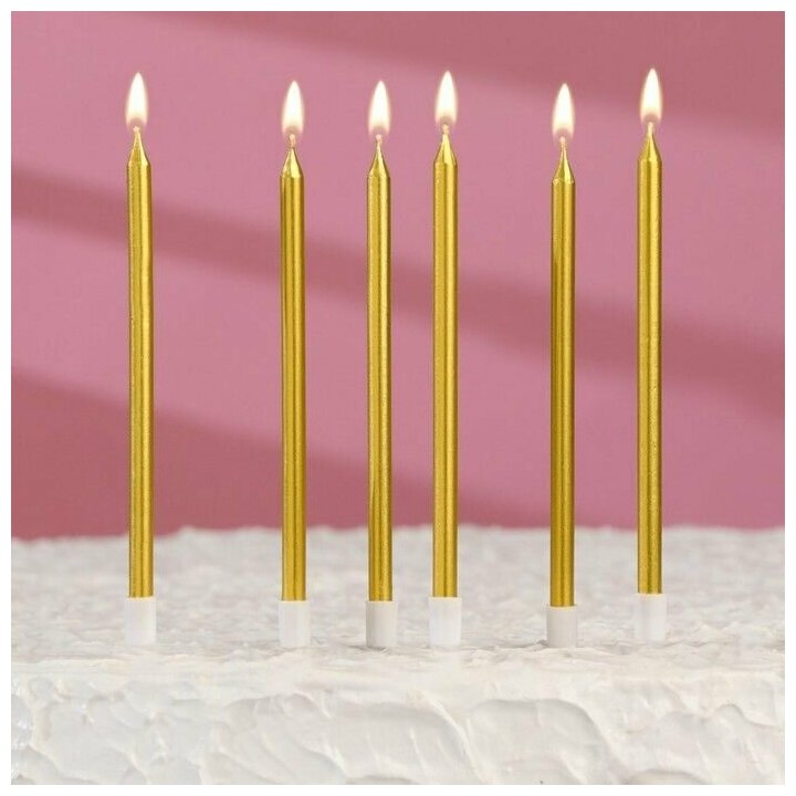 Свечи в торт коктейльные Шайн, 6 шт, 12,5 см, золотой металлик