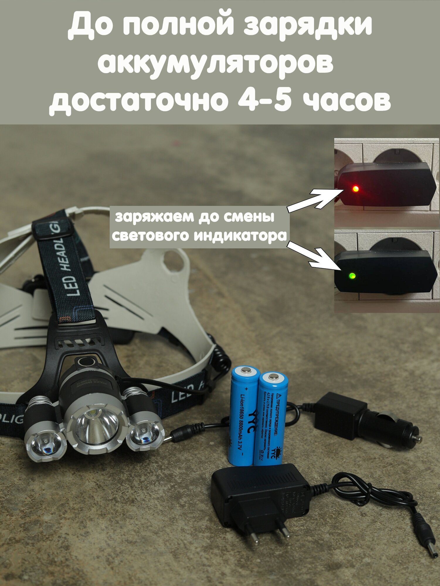 Налобный фонарь сверхяркий мощный светодиодный спортивный бытовой аккумуляторный с 4 режимами работы и 4 аккумуляторами 18650 для охоты и рыбалки