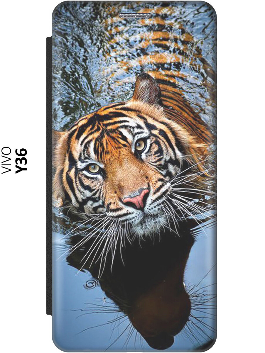 Чехол-книжка Тигр купается на Vivo Y36 / Виво У36 черный