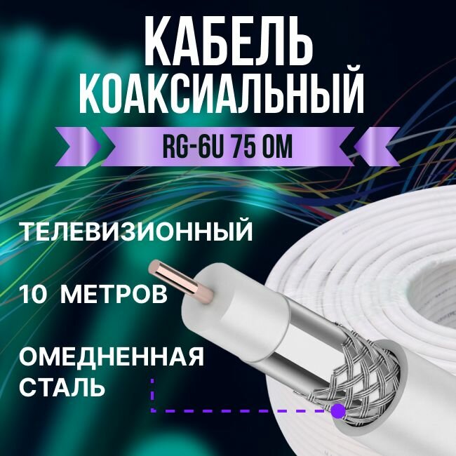 Кабель телевизионный антенный RG-6U коаксиальный омедненная сталь 75 Ом ГОСТ - 10м