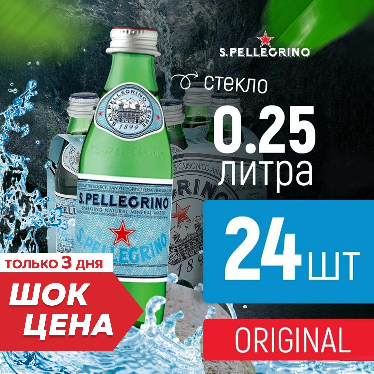 S.Pellegrino Минеральная вода газированная, стекло, 0,25л х 24шт