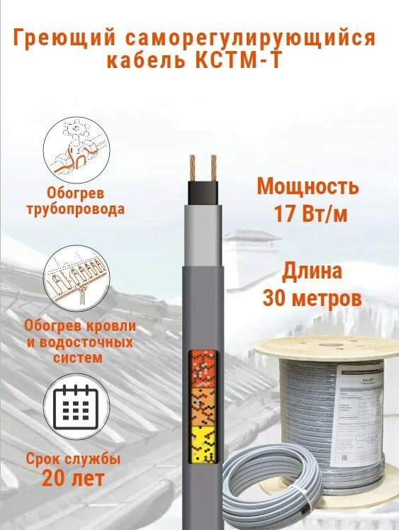 Греющий кабель для обогрева кровли и водостоков кстм-т 17 Вт бухта 30 м.