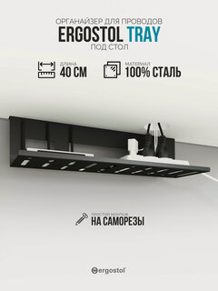 Изображение товара Подвесной кабель-канал для стола Ergostol Tray черный, органайзер для проводов и сетевого фильтра, 0.4 м
