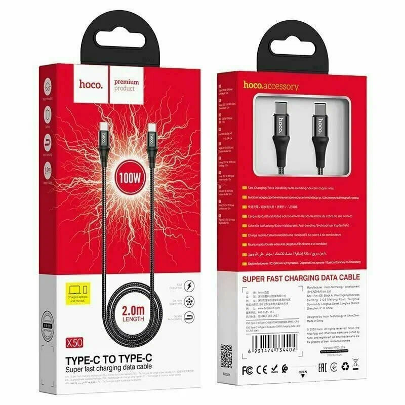 Кабель Hoco X50, Type-C, 100 Вт, тканевая оплётка, для быстрой зарядки — фото 1