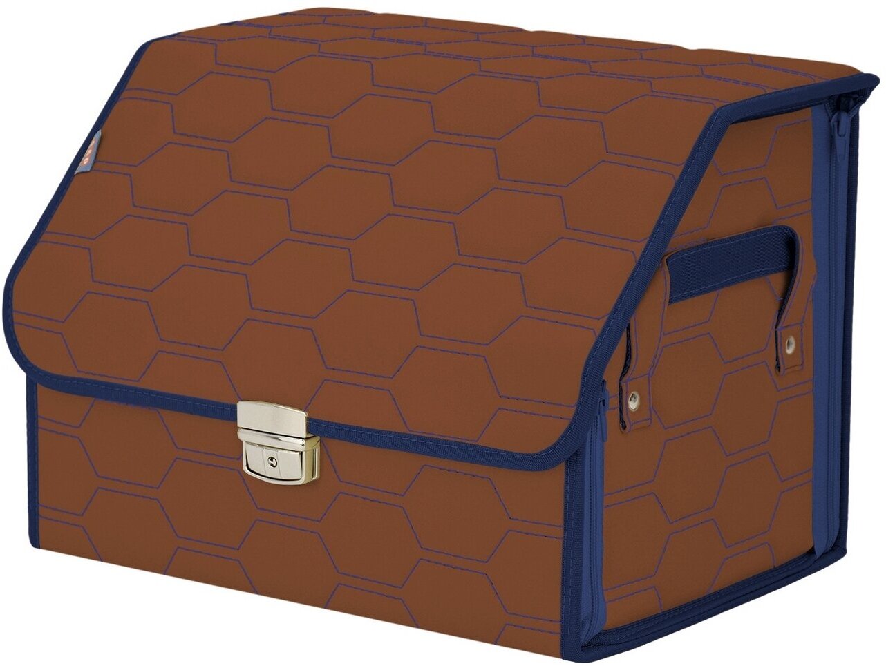 Органайзер-саквояж в багажник "Союз Премиум" (размер M). Цвет: светло-коричневый с синей прострочкой Соты.