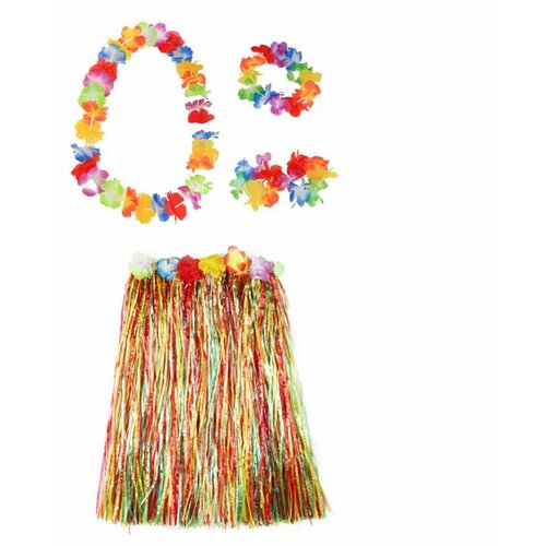 юбка гавайская 60 см разноцветная с цветочками набор 2 шт Гавайская юбка разноцветная 60 см, ожерелье лея 96 см, венок, 2 браслета (набор)
