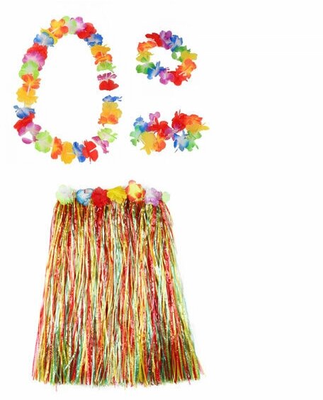 Гавайская юбка разноцветная 60 см ожерелье лея 96 см венок 2 браслета (набор)
