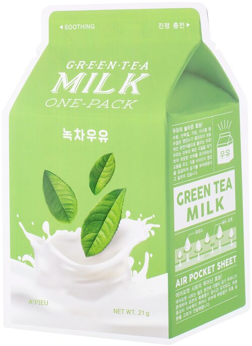 APIEU Маска тканевая с молочными протеинами и экстрактом зелёного чая Green Tea Milk One-Pack, 21 г, 21 мл