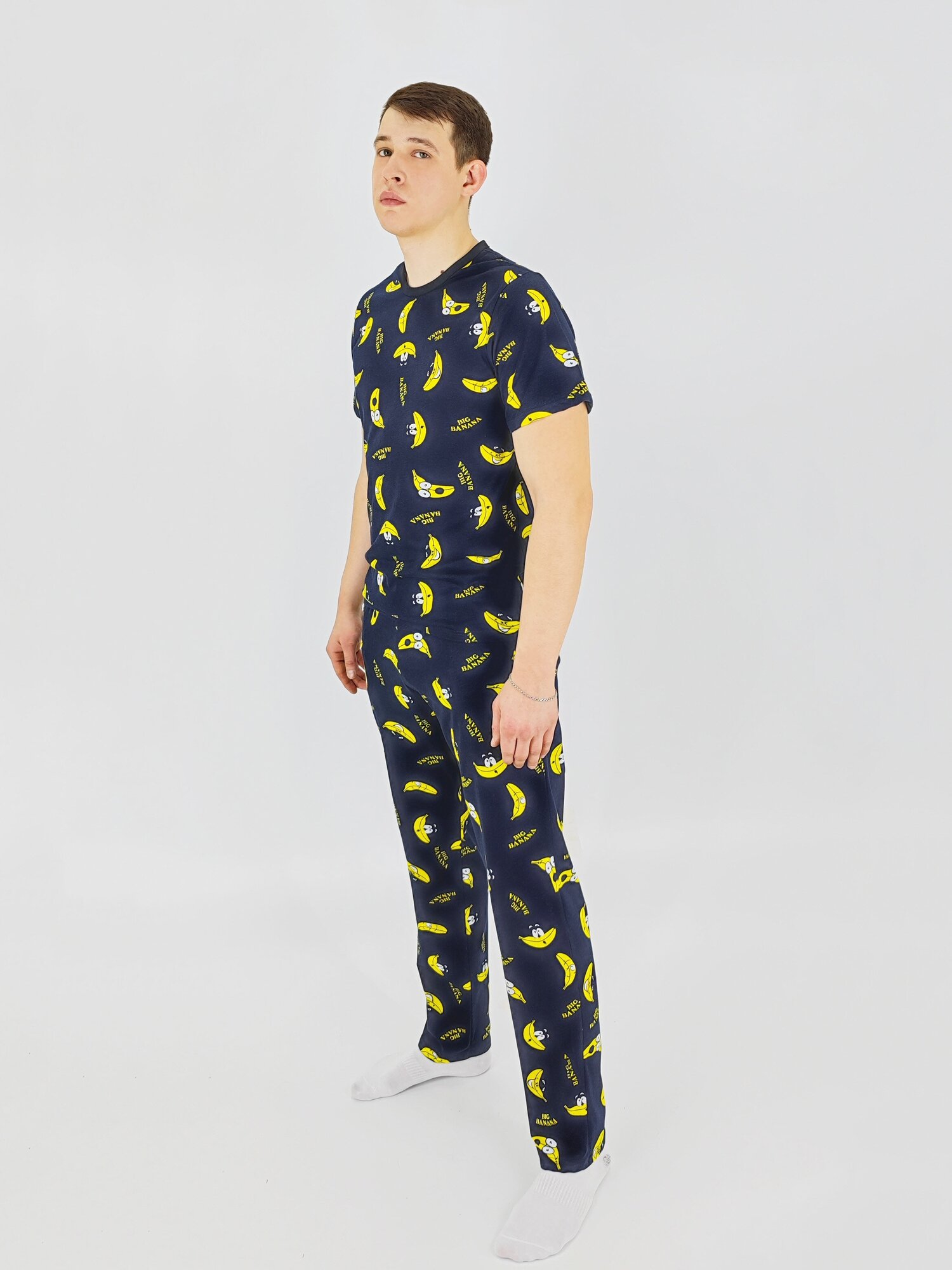 Мужская пижама, мужской пижамный комплект ARISTARHOV, Футболка + Брюки, Бананчик, синий желтый, размер 46 - фотография № 5