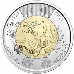Памятная монета 2 доллара, 100 лет открытию инсулина. Канада, 2021 г. в. UNC (без обращения)