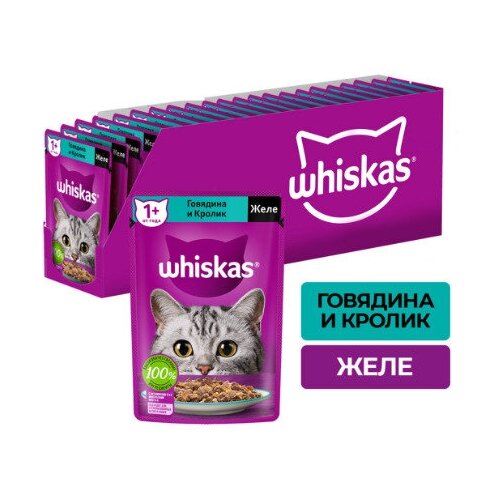 Корм консервированный для взрослых кошек WHISKAS желе с говядиной и кроликом, 75г, 24 упаковки.